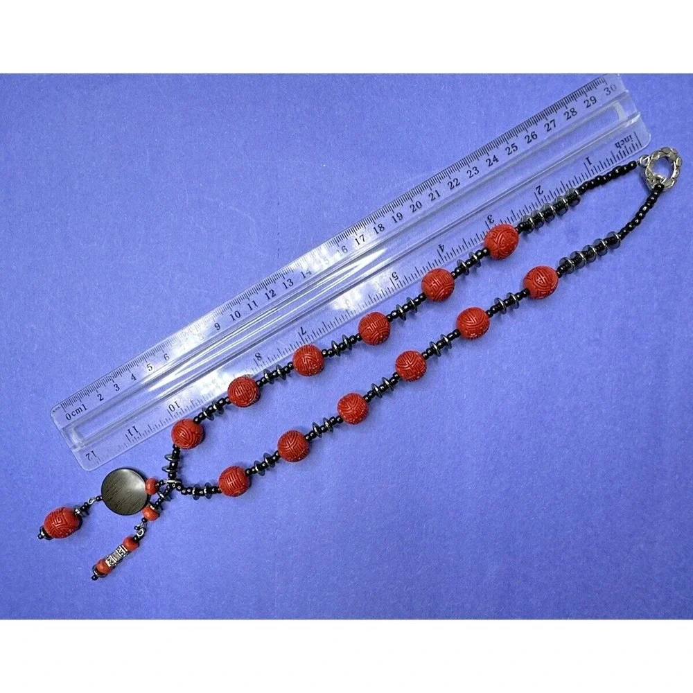 Cinnabar Hand Carved Necklace Red Beads Dangle Hematite Black Quartz ‎ 22